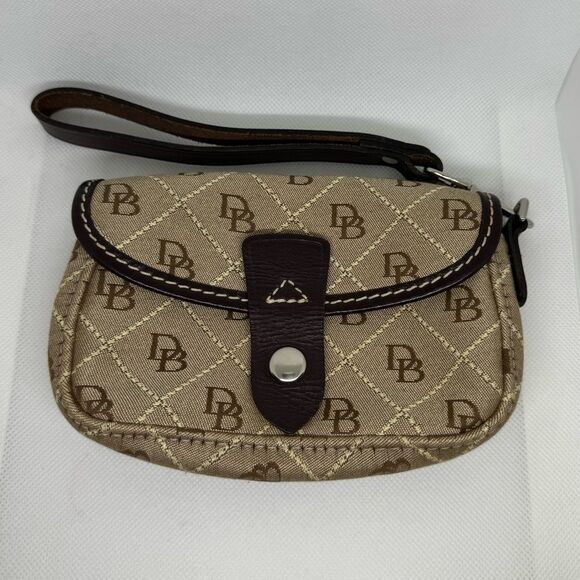 Dooney & Bourke Brown Leather Canvas Flap Wristlet Wallet Signature Logo - Picture 1 of 6
